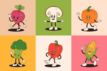 Wall Mural - Funny vegetables retro cartoon characters sticker set. Modern label with cute comics characters. Hand drawn doodles of comic mascot. Set in modern cartoon style. 70s retro vibes.