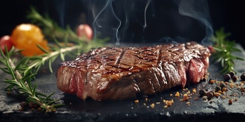 Poster - A piece of steak on a cutting board, garnished with a sprig of rosemary. Perfect for food-related projects or restaurant promotions