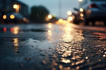Aufkleber - A rainy night scene with a wet street, illuminated by the reflections of streetlights. This image can be used to depict urban life, cityscape, or rainy weather