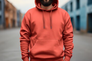 A man with a beard wearing a red hoodie. Suitable for various uses