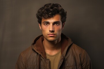 Aufkleber - A man wearing a brown jacket is posing for a picture. This versatile image can be used in various contexts