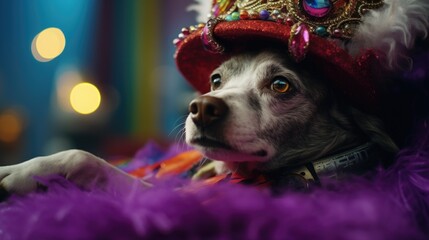Poster - A picture of a dog wearing a hat adorned with feathers. This image can be used for various purposes