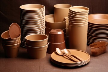 Poster - A collection of plates and cups accompanied by spoons. Suitable for various dining and catering purposes