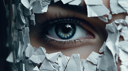 Poster - A close-up view of a person's eye with torn paper. This image can be used for various creative projects