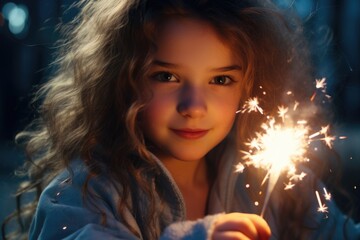 Poster - A young girl holding a sparkler in her hand. Perfect for celebrations and festive occasions