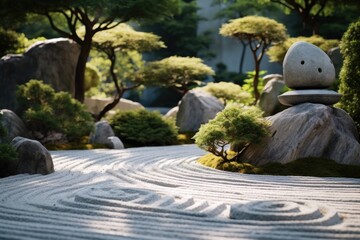 Poster - A picture of a tree standing in the middle of a rock garden. This image can be used for landscaping or nature-themed projects