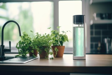 Poster - A water bottle placed on a kitchen counter. Suitable for health, hydration, and home lifestyle concepts