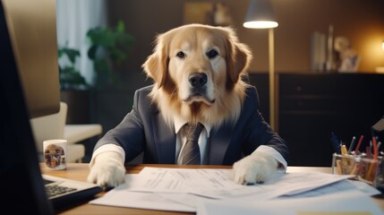 Poster - A dog dressed in a suit sits at a desk, ready to work. Perfect for corporate or professional-themed designs