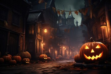 Wall Mural - A dark, atmospheric street illuminated by the warm glow of pumpkins. Perfect for Halloween-themed designs and decorations