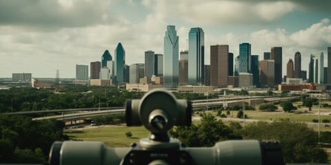 Poster - A view of a city with a telescope on top. Perfect for travel or urban exploration themes