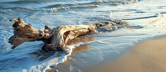 Wall Mural - A natural landscape of beach, water, and wind waves showcases a piece of driftwood, forming a beautiful art amidst the fluid elements.