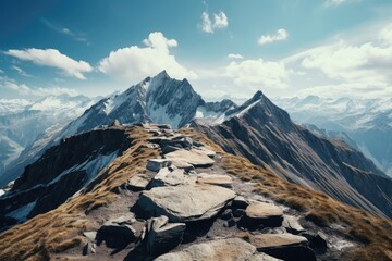 Poster - A scenic view of a mountain range with rocks and lush green grass. Perfect for nature enthusiasts and landscape photographers