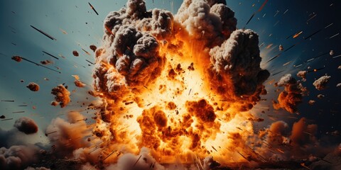 Poster - A powerful explosion emitting vibrant orange and black smoke. Perfect for depicting intense action and danger