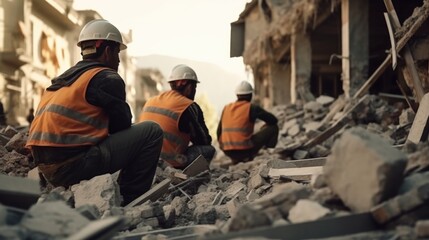 Poster - Construction workers diligently working on a building. Perfect for construction industry websites and promotional materials