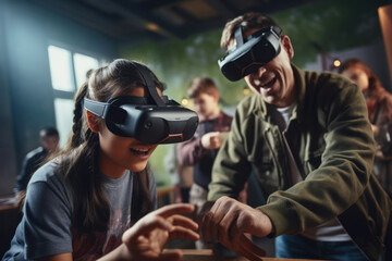 Poster - A man and a young girl wearing virtual reality headsets. This image can be used to illustrate the concept of virtual reality technology and its applications