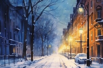 Poster - A painting depicting a city street covered in snow during the nighttime. Perfect for winter-themed designs or holiday promotions