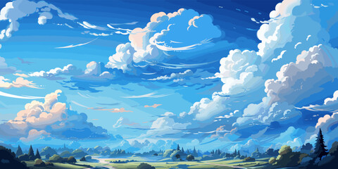 Wall Mural - Vector blue sky clouds. Anime clean style. Background design vector flat bright colors