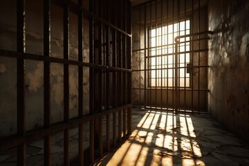 Poster - A jail cell with sunlight streaming through the bars. Suitable for crime-related themes or stories about redemption.