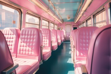 Poster - A row of pink seats on a train. Perfect for travel-related projects