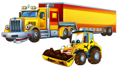 Wall Mural - cartoon scene with heavy cargo truck and excavator digger workers talking togehter being happy illustration for children