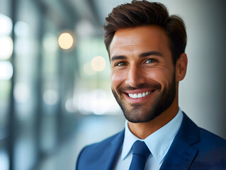 A smiling business man wearing luxury a suit, and a tie with smile and confidence