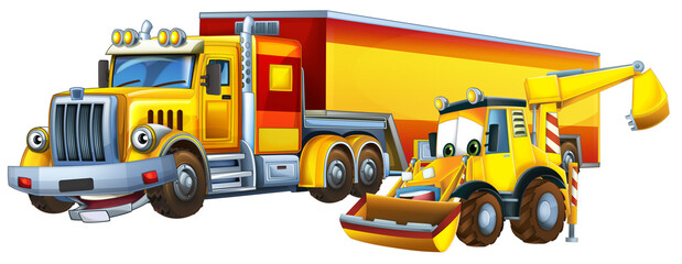 Wall Mural - cartoon scene with heavy cargo truck and excavator digger workers talking togehter being happy illustration for children