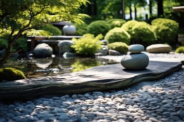 Poster - Two stones stacked on top of each other in a garden. Perfect for landscaping projects or zen-inspired designs