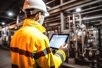 Poster - A man wearing a hard hat holding a tablet. Suitable for construction, engineering, or technology related projects