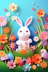 Poster - A white rabbit standing in a field of colorful flowers. Perfect for nature or animal-related designs