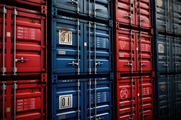 Poster - A bunch of red and blue shipping containers. Perfect for logistics, transportation, and industrial concepts