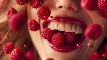 Raspberries Falling Into A Woman's Open Mouth