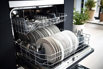 Poster - A dishwasher filled with lots of white dishes. Perfect for kitchen or restaurant-related designs