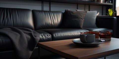 Wall Mural - A simple and elegant coffee table with a cup of tea. Perfect for home decor or lifestyle blogs