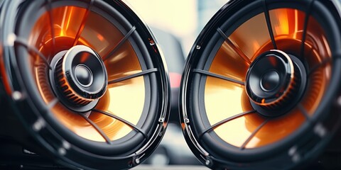 Poster - A close up view of two speakers inside a car. This image can be used to depict the audio system in a vehicle or to illustrate the concept of music and entertainment on the go
