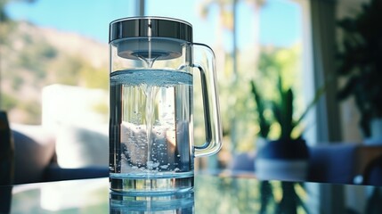 Poster - A glass pitcher filled with water sitting on top of a table. Perfect for use in home decor or beverage-related projects
