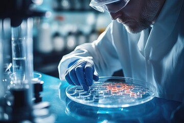 Poster - A man wearing a lab coat and goggles is seen carefully observing a petri dish. This image can be used to depict scientific research, laboratory experiments, or medical discoveries
