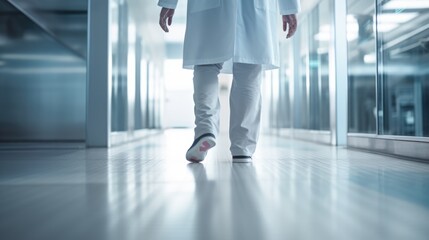 Sticker - A man wearing a lab coat is seen walking down a hallway. This image can be used to represent scientific research, laboratory work, or professional settings