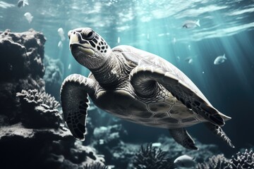 Aufkleber - A turtle gracefully glides through the ocean near vibrant coral reefs. Perfect for marine life enthusiasts and underwater adventure themes
