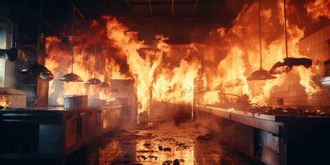 Aufkleber - A large fire is raging through a kitchen. This image can be used to illustrate the dangers of fire in a kitchen setting