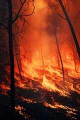 Poster - A fire is seen burning through the trees in the woods. This image can be used to depict a forest fire or the destructive power of nature