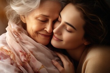 Poster - An older woman embraces a younger woman. Suitable for depicting love, family, and support
