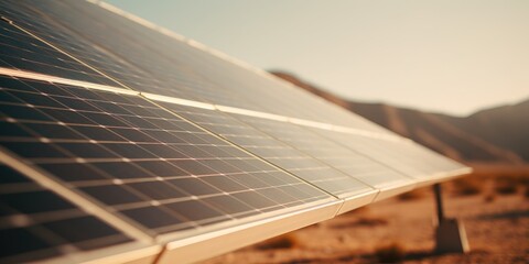 Poster - A close-up view of a solar panel in the desert. This image can be used to depict renewable energy, sustainability, and clean technology