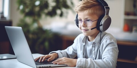 Poster - A young boy is seen wearing headphones while using a laptop. This versatile image can be used to depict technology, education, or children's activities