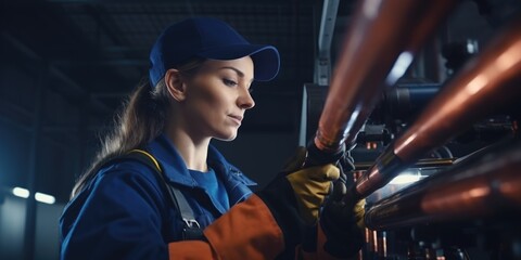 Aufkleber - A woman in an orange and blue uniform is seen working on pipes. This image can be used to depict a female worker in an industrial setting