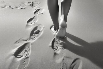 Wall Mural - A person walking along a sandy beach with visible footprints. This image can be used to depict relaxation, vacation, or a peaceful seaside scene