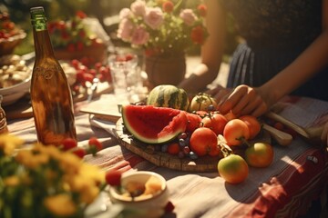 Poster - A table filled with a variety of fresh and colorful fruits, accompanied by a bottle of wine. Perfect for adding a touch of elegance to any dining or celebratory setting