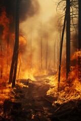 Poster - A fire burning in the middle of a forest. Suitable for environmental or disaster-related themes