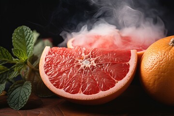 Poster - A close-up view of a grapefruit cut in half. This vibrant and refreshing fruit can be used in various culinary dishes and as a healthy snack