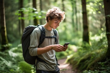Poster - A young man standing in the woods, focusing his attention on his cell phone. This image can be used to illustrate technology usage in natural surroundings