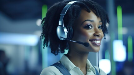 Aufkleber - A woman wearing a headset with a microphone. Suitable for use in call centers, customer service, podcasting, and virtual meetings